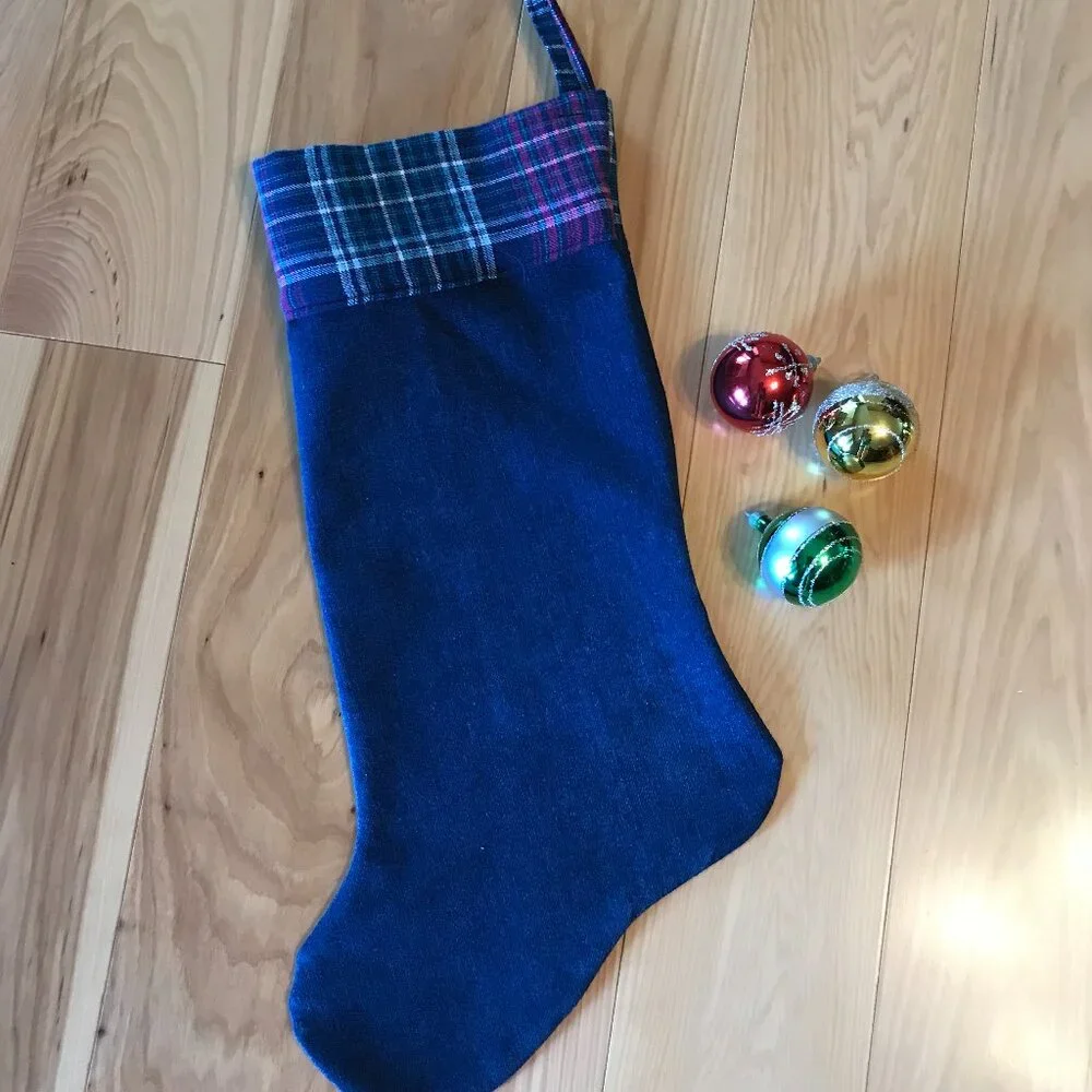 Recycled Denim Christmas Stocking, Mountains Cabin Decor Camping Fishing M-L